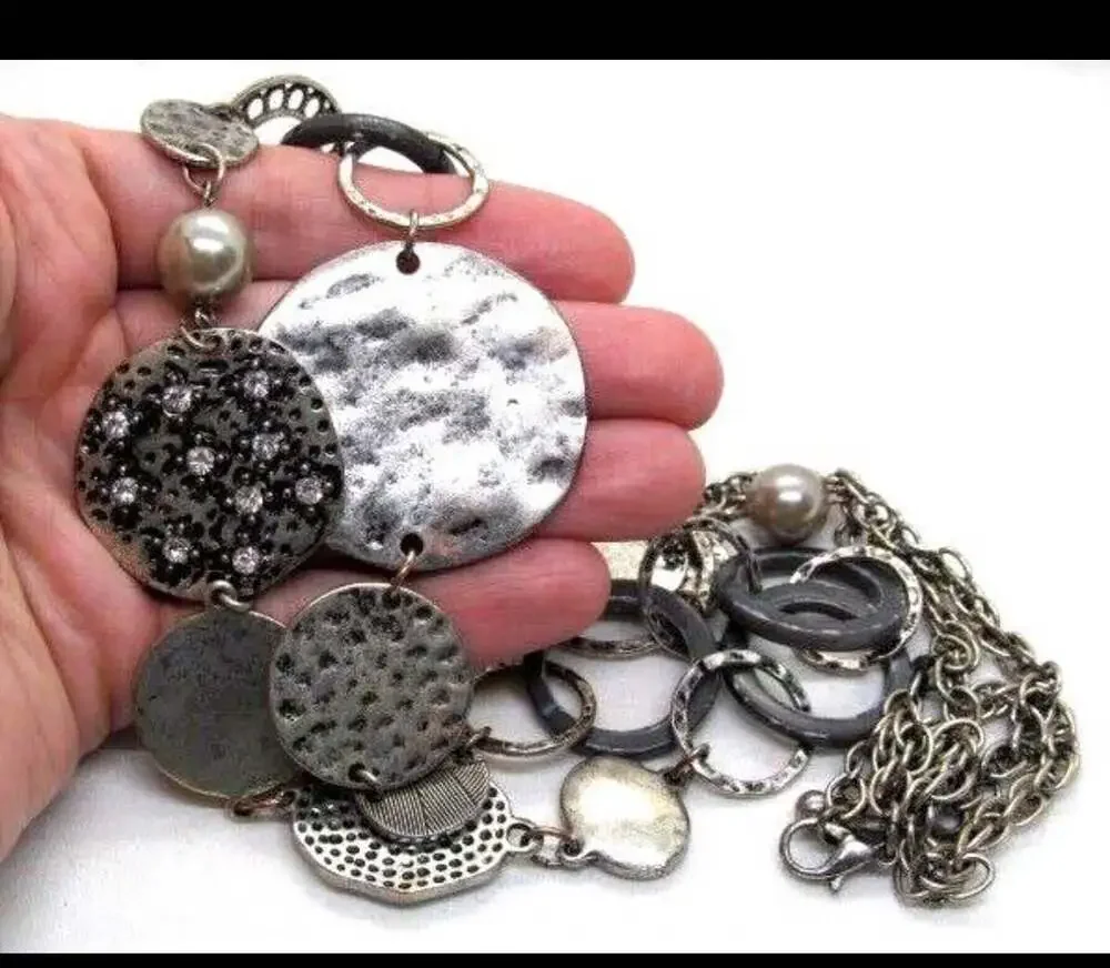 Premier Designs Mixed Texture Silver Tone Disk and Ring Statement Necklace